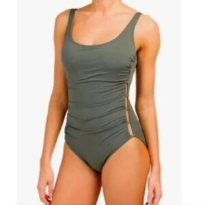 Carmen Marc Valvo Olive Green Peekaboo Beaded One Piece Swimsuit Size 6